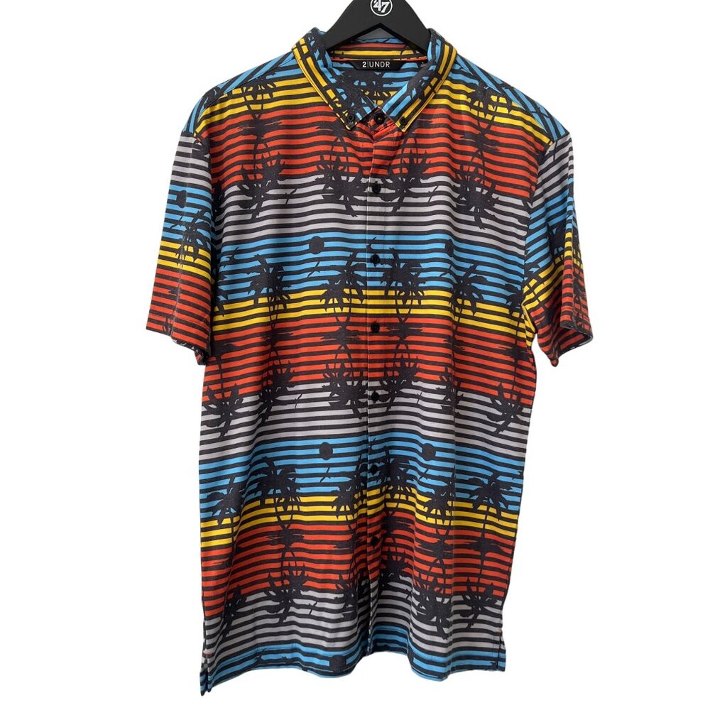 2UNDR The Tourist Button Down Polo Shirt Mens L Hawaiian Palm Tree Beach Summer